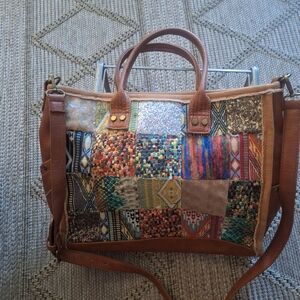 Patchwork Tote Bag with Brown Leather Accents